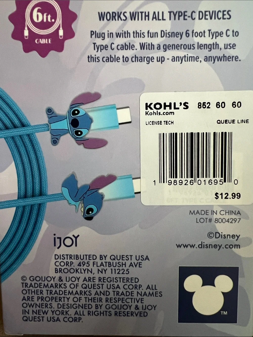 NEW Disney Stitch 6ft Type-C to Type-C Charging Cable